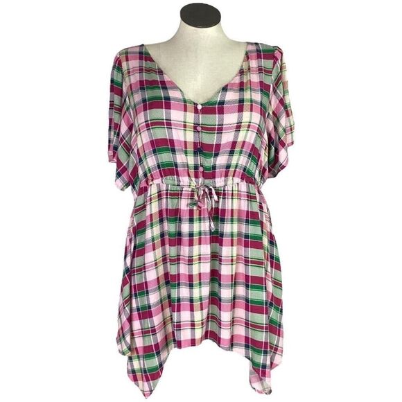 Torrid Top Women 2X Pink Plaid Babydoll Lattice Back Short Sleeves Stretch Waist - Picture 3 of 9